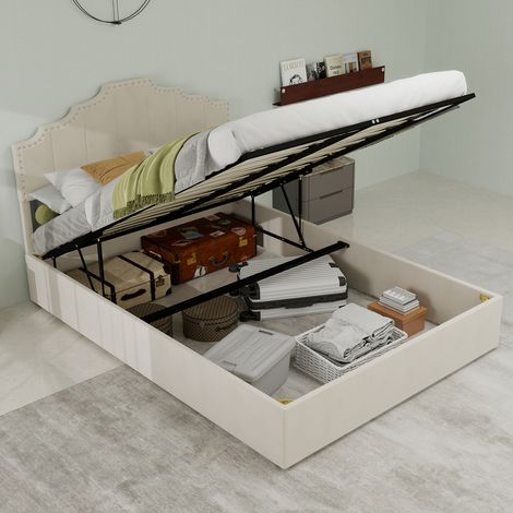 Lit coffre 140x200 cm Tête de lit géométrique cloutée vérin pneumatique tissu et métal beige (Sans matelas)