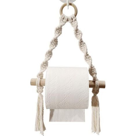 Dérouleur Porte Papier Toilette avec étagère - Tablette en Bois et Corde pour téléphone ou déco (1/5)