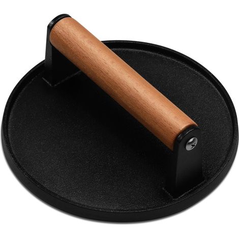 Presse à hamburgers robuste en fonte – Manche en bois pour bacon, viande, steak. Compatible avec les plaques de cuisson et les poêles antiadhésives. (1/5)