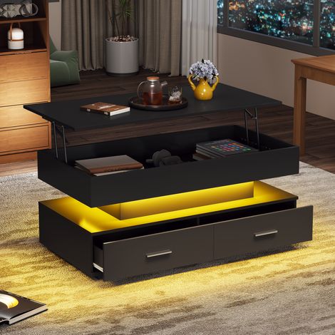 Table basse hydraulique 100 x 50 x 44 cm avec LED Bluetooth APP 2 tiroirs rangement ouvert salon moderne design noir (1/5)