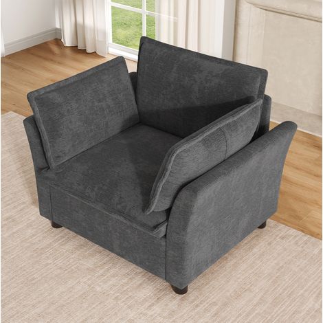 Sillón individual con reposabrazos curvos, cojines incluidos, tejido chenilla gris (1/5)