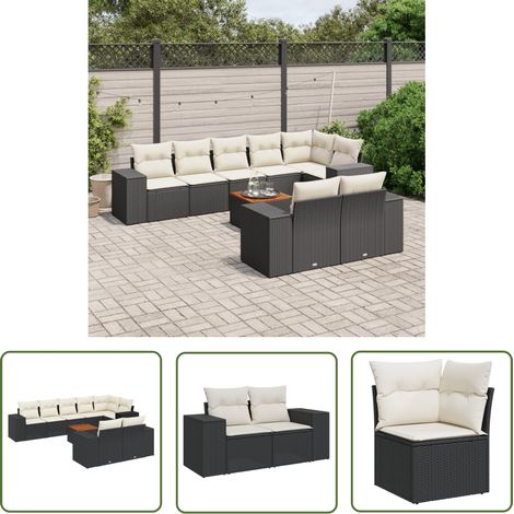 The Living Store 9-tlg. Garten-Sofagarnitur mit Kissen Schwarz Poly Rattan - Gartengestell - Gartenmöbelset - Outdoor Möbel - Lounge Set - Rattan Gartenmöbel (1/5)