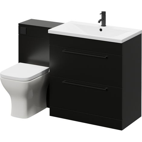 Napoli 460 Matt Black 1300mm 2 Drawer Vanity Unit Toilet Suite with Glide Basin - 1300mm - Matt Black 480mm HandleWith Kingston Toilet Pan and Seat