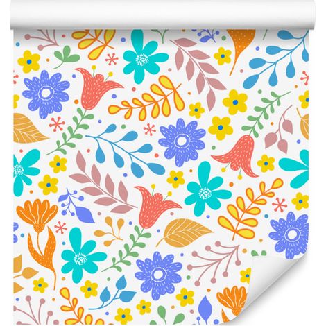 Papier peint fleuri blanc, crème, bleu et corail pour salon et chambre 50x1000 cm (1/5)