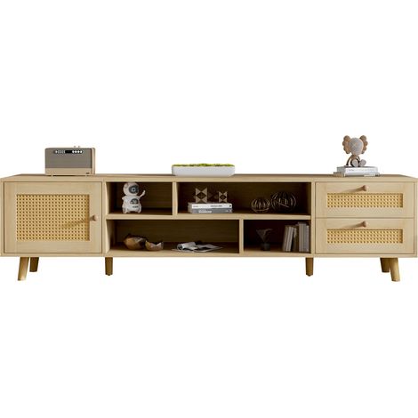 Meuble TV 160 cm en résine tressée pour téléviseur 70 pouces, avec 2 tiroirs, 1 porte, passe-câbles et pieds réglables, pour salon chic CHICFURN (1/5)