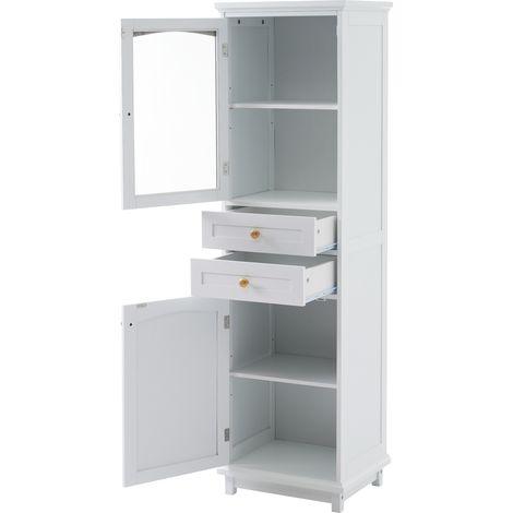 Armadio bagno bianco 45 x 36 x 160 cm con ante in vetro, 2 cassetti e ripiani regolabili (1/5)