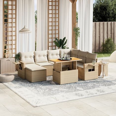 Ensemble de jardin 8 places en résine tressée beige avec coussins lavables - Table extensible et design modulaire (1/3)