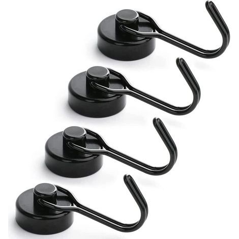 [JAMAIS UTILISÉ] Lot de 4 Crochets Magnétiques Frigo, 15 kg Puissant Aimant Néodyme, Crochet Aimanté Pussiant Pivotants (Noir) (1/4)