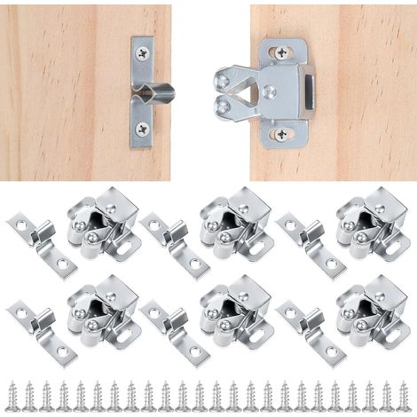 Lot de 6 loquets de meubles pour porte d'armoire, double roulettes, en acier inoxydable  Avec 24 vis, double loquet à rouleau argenté  Loquet de porte pour armoires (1/5)