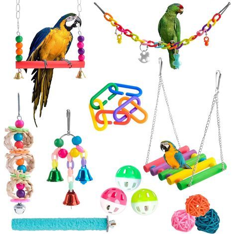 Set of 13 Bird Toys, Wooden Swings, Metal Bells, Natural Perches, For Parrots and Parakeets (1/5)