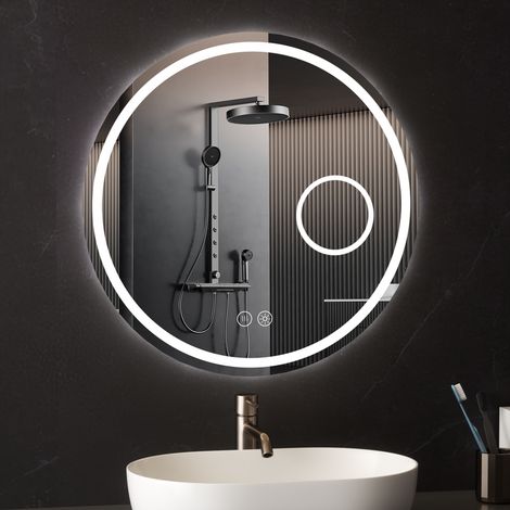 Miroir Rond LED avec Loupe 3X AquaWise Spécial Maquillage & Rasage - Anti-buée - 120 LEDs/m Haute Densité - Verre de Sécurité 5mm Ø 70 cm