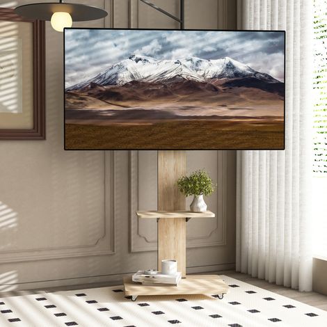 Mobiler TV-Ständer für 32-75 Zoll mit Rollen, Holzablagen, höhenverstellbar und neigbar, modernes TV-Möbel LINHOO