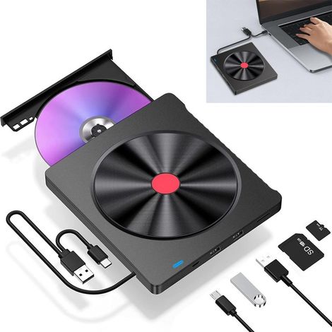 Lecteur CD/DVD externe USB 3.0 et Type-C avec fonction de lecture/gravure pour ordinateurs portables, PC, Mac, MacBook, Windows et Linux. (1/5)