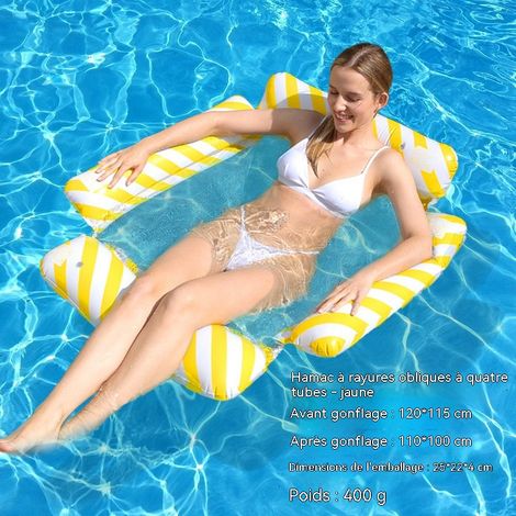 Hamac gonflable de piscine à rayures diagonales, motif tropical, modèle à quatre boudins avec porte-gobelet, lit flottant portable - jaune(pompe non requise)