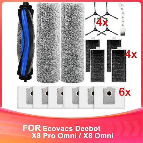 Accessoires pour aspirateur robot Ecovacs Deebot X8 Pro Omni / X8 Omni : brosse principale, rouleau de nettoyage, sacs à poussière et filtres. (1/5)