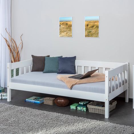 Dmora Canapé-lit simple, en pin massif blanc, 98x205x63 cm, sommier à lattes inclus (1/5)
