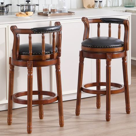 Tabouret de bar pivotant 360° avec dossier, hauteur d'assise 75 cm, base en bois brun, coussin en cuir noir (1/5)