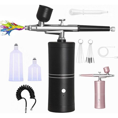 FLITI Cordless Portable Airbrush Kit, USB-C Rechargeable Compressor, 3 Adjustable Pressure Settings, 0.3mm Nozzle, Ideal for Makeup, Manicures, Tattoos, and Model Making, Black/Pink, 3 Paint Cups Incl (1/5)