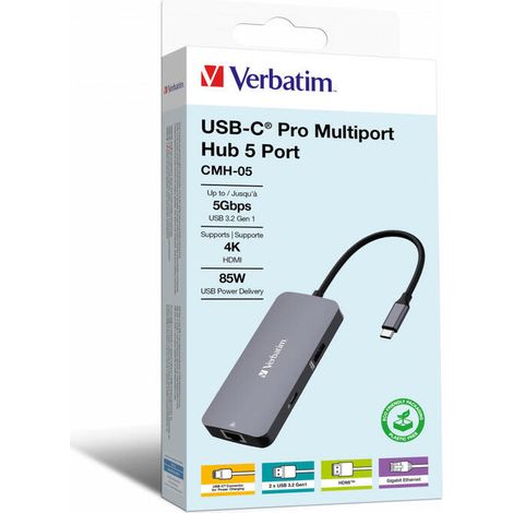 Hub Verbatim 5 puertos 5 Gb/s modelo CMH-05 con HDMI, USB-C PD y Ethernet (1/4)