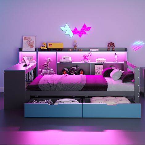 Lit enfant 90x200 cm - Avec bureau, étagères, 2 tiroirs, LED et prises USB - En bois - Noir et bleu (1/5)