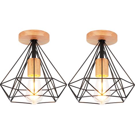 2 Pack Diamond Shape Ceiling Light Industrial E27 25cm Lampe Ceiling Light in Wood Metal for Corridor Stairs Entrance Bedroom Black (1/5)