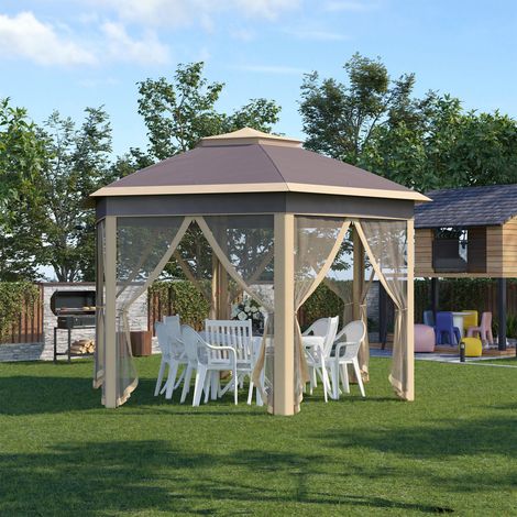 Gazebo Jardin Hexagonal Double Toit Moustiquaires Amovibles Anti-uv Aménagement Extérieur Beige 4,05x3,4x2,85m (1/4)