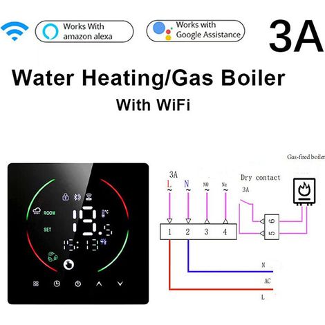 Calentador de Agua 3A/Caldera WIFI Termostato Inteligente AC 90V-240V Pantalla Táctil Inteligente a Color, Termostato Programable para Calentador de Agua, Tuya APP Control Remoto Móvil con Conexión de (1/5)