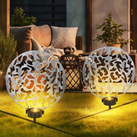 Lampe solaire à brancher, lampe solaire, ronde, lampe d'extérieur, décoration de jardin, piquet de sol, effet lumineux, métal argenté antique, 2x LED blanc chaud, LxlxH 30x10x41 cm, lot de 2