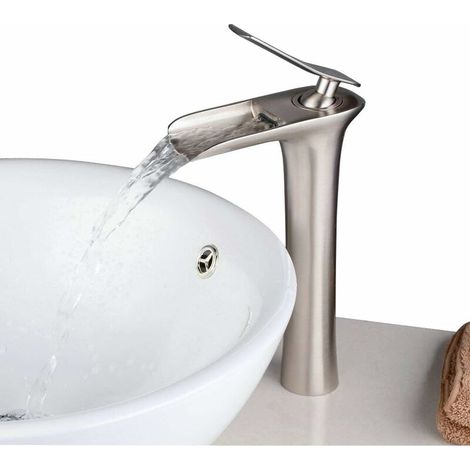 Rubinetto monocomando a cascata per lavabo, montaggio alto, finitura nichel spazzolato.
