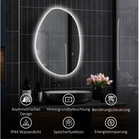 Miroir de salle de bain asymétrique 70 x 50 cm avec éclairage LED et fonction anti-buée, finition argentée (1/5)
