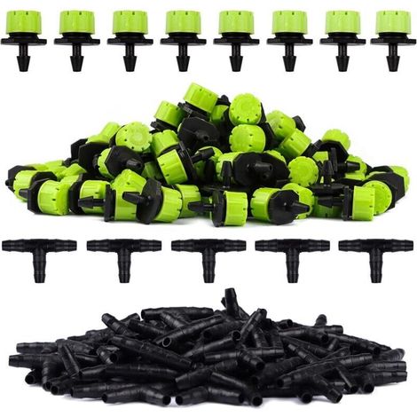 100pcs Vert Goutteur Irrigation Réglable + 100PcsTee Joint de Tuyau Système D'arrosage Automatique Goutte à Goutte Micro Gicleurs Drippers pour Plante Serre DIY Jardin