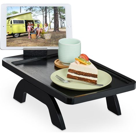 Relaxdays Tavolino da Bracciolo Divano con Supporto per Cellulare, Couch Bar HLP: 12x40,5x25 cm, Vassoio in Bambù, Nero