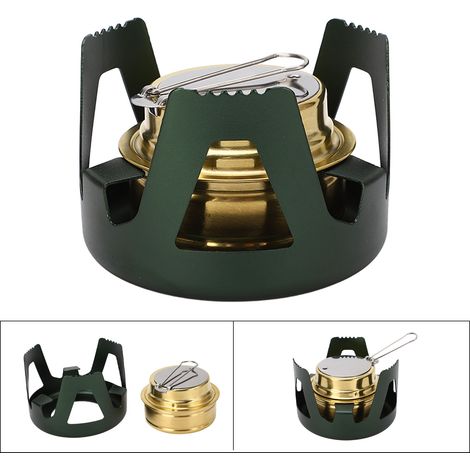 Mini-Spirituskocher aus Messing und Aluminiumlegierung, sicher und windfest, tragbar und einfach zu bedienen, ideal zum Campen und Kochen, dunkelgrün. (1/4)