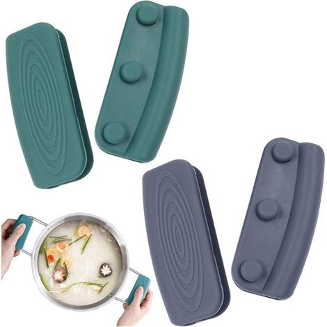 Agarradera de silicona para ollas y sartenes, juego de 4 protectores de mango de silicona antideslizantes y resistentes calor, 2 azules 2 grises (1/5)