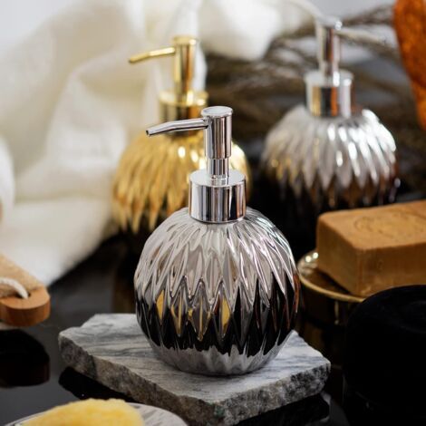 Distributeur de savon en céramique argentée - style ferme moderne - convient à une décoration élégante pour salle de bain, hôtel et cuisine - argent (1/4)