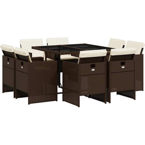 9 Piece Garden Dining Set with Cushions Brown Poly Rattan vidaXL (1/4)