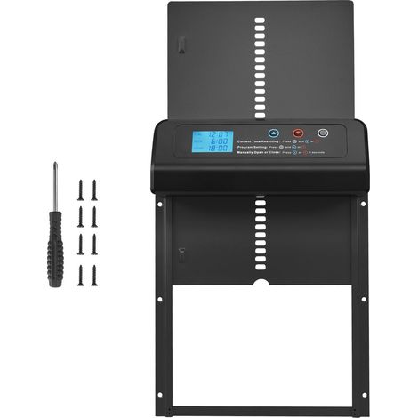 Mophorn Puerta automática para gallinero, alimentada por baterías, con temporizador y ajuste manual, diseño antipinzamiento, fabricada en aleación de aluminio resistente, color negro.
