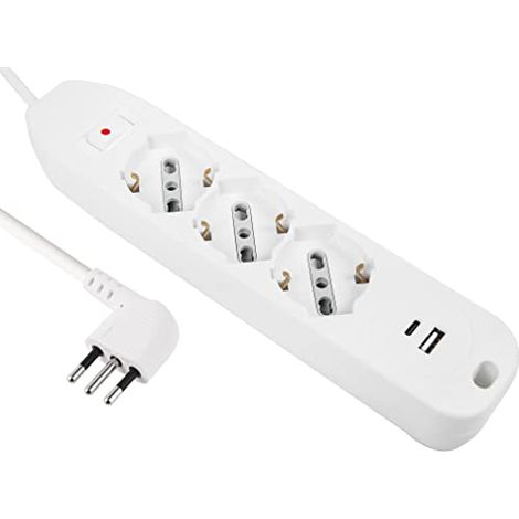 Electraline 61991 Multipresa 3 Posti P40 Polivalenti + 2 USB (1 Tipo A + 1 Tipo C) 17W con interruttore con Protezione da Sovracorrente, Spina Piccola Italiana 10A Salvaspazio, Cavo 1,5M (1/4)