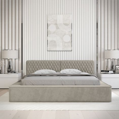 Lit coffre VERNON – Gewebter Bouclé-Chenille-Stoff in Rauchtaupe – 140x200 cm – Klappbarer Lattenrost – Hochwertiges Design