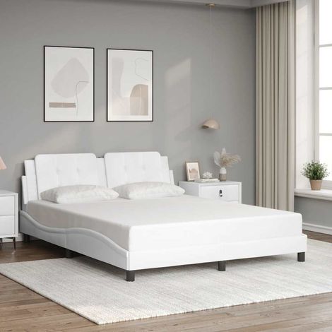 Cadre de lit avec tête de lit 160 x 200 cm en similicuir blanc, sommier à lattes sans matelas - PANGIVO (1/5)