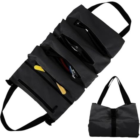 Sac à outils en toile enroulable – Trousse à outils avec 5 poches zippées – Pour électriciens, plombiers, charpentiers, usage domestique, voitures et motos (Noir) (1/5)