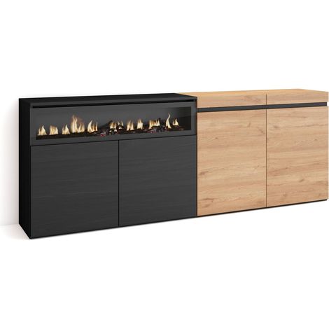 Skraut Home - Aparadores para salón, Gran capacidad de almacenaje, 200x75x35cm, 4 Puertas, Chimenea eléctrica, Estilo Moderno, Roble y negro (1/5)