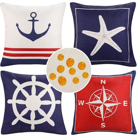 Nautical Cushion Cover 40 x 40 cm Anchor Starfish Sailing Boat Decorative Waterproof Linen Pillowcase for Sofa Patio Indoor Outdoor with Hidden Zip, Set of 4 (1/5)