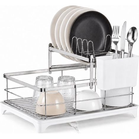 Égouttoir à vaisselle réglable - Égouttoir de cuisine en acier inoxydable - 40 x 28 x 29,5 cm - Porte-assiettes et ustensiles - Égouttoir extensible - Argenté (1/5)