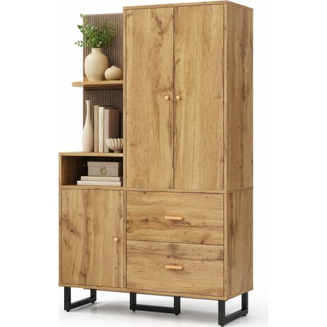 Garde-robe d'entrée compacte avec panneaux rembourrés, étagères ouvertes, penderie coulissante, 2 tiroirs et rangement chaussures, 110 x 38 x 186 cm CHICFURN (1/5)