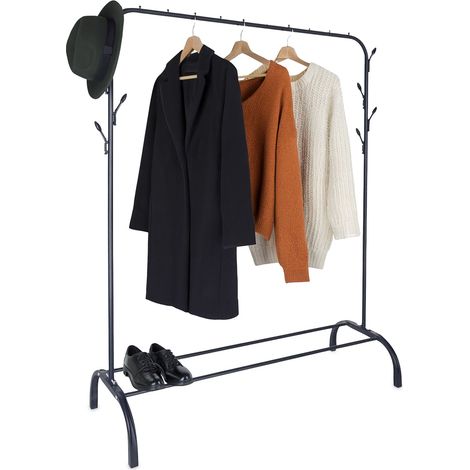 Appendiabiti Relaxdays, H x L x P: 148 x 110 x 40 cm, ripiano, ganci e barra appendiabiti, metallo, nero