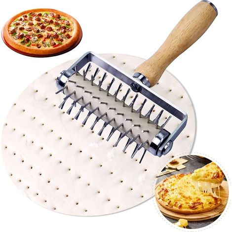 Docker pour pizza en acier inoxydable, docker pour pâte à pizza avec manche en bois, rouleau à pizza à pointes, perceur de trous pour pizza, pour pâtisserie, biscuits, pain, croûte et pâte à cuisson (1/4)