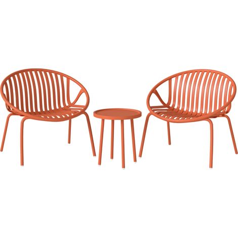 Ensemble Bistro 3 pièces rouge brique, table basse concave 80x70x75cm en acier et polypropylène pour salon de jardin. (1/5)