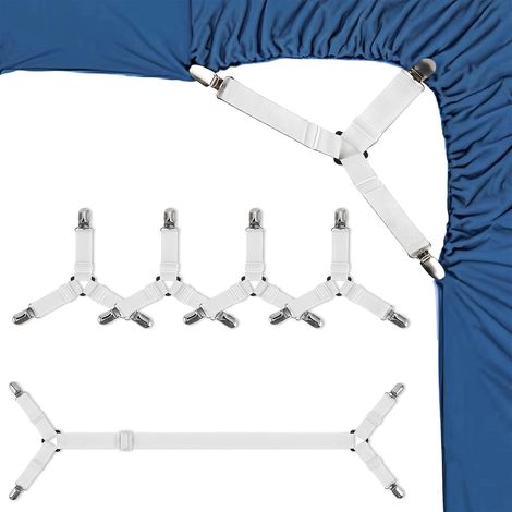 5 Pièces Attache Drap Housse, Tendeur Drap Housse Réglable avec Pinces Métalliques, Sangle Élastique pour Maintien du Drap de Lit, Matelas et Canapé (4 Clips à 3 Voies + 1 à 4 Voies) - Blanc (1/5)