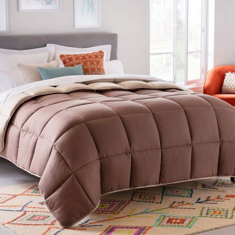Couette réversible en Duvet Alternatif et Insert, Toutes Saisons, piqûres carrés, literie pour Enfants, Adolescents et Adultes, Sable/Moka, lit Double (1/5)